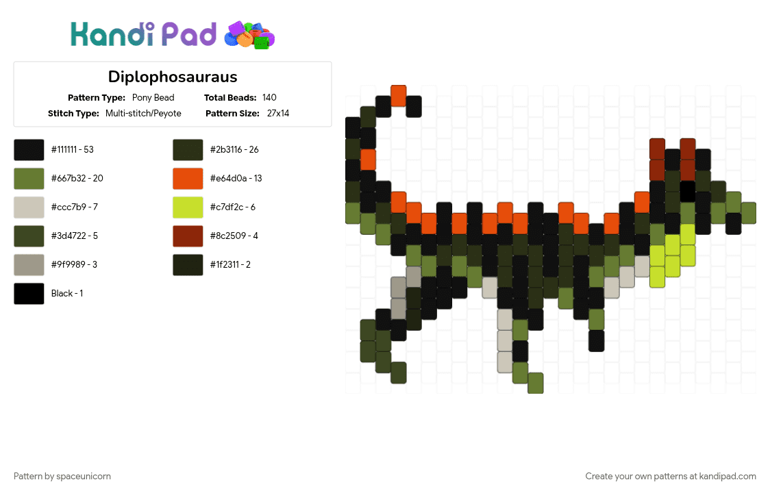 Diplophosauraus - Pony Bead Pattern by spaceunicorn on Kandi Pad - black, cotddinosaurs, dilophosaurus, dinosaur, gold, red