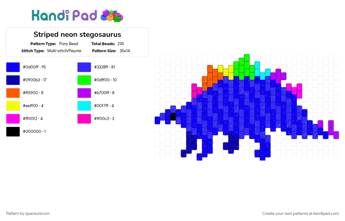 Striped neon stegosaurus - Pony Bead Pattern by spaceunicorn on Kandi Pad - 