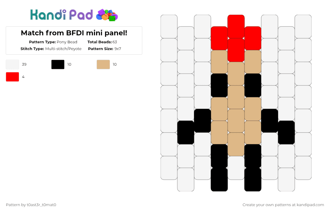 Match from BFDI mini panel! - Pony Bead Pattern by t0ast3r_t0mat0 on Kandi Pad - white,beige,red,bfdi,bfdia,bfb,tpot,osc,object show