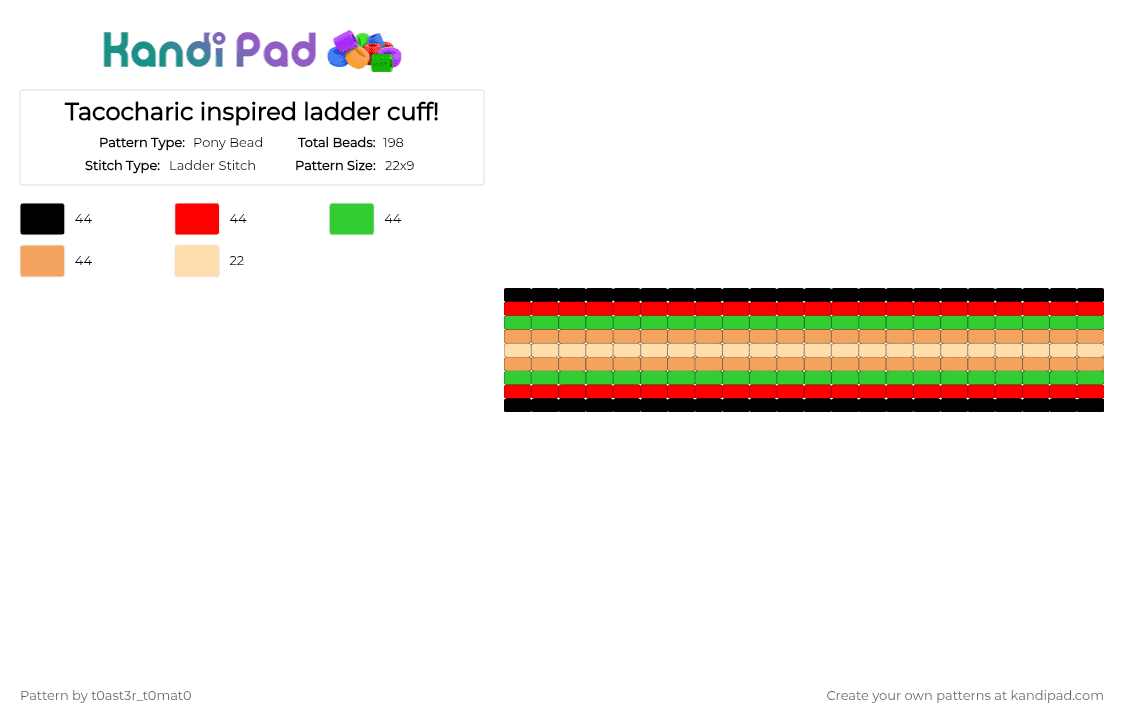 Tacocharic inspired ladder cuff! - Pony Bead Pattern by t0ast3r_t0mat0 on Kandi Pad - bfdi, green, ii, inanimate insanity, ladder cuff, object show, orange, osc, red, taco, taco ii
