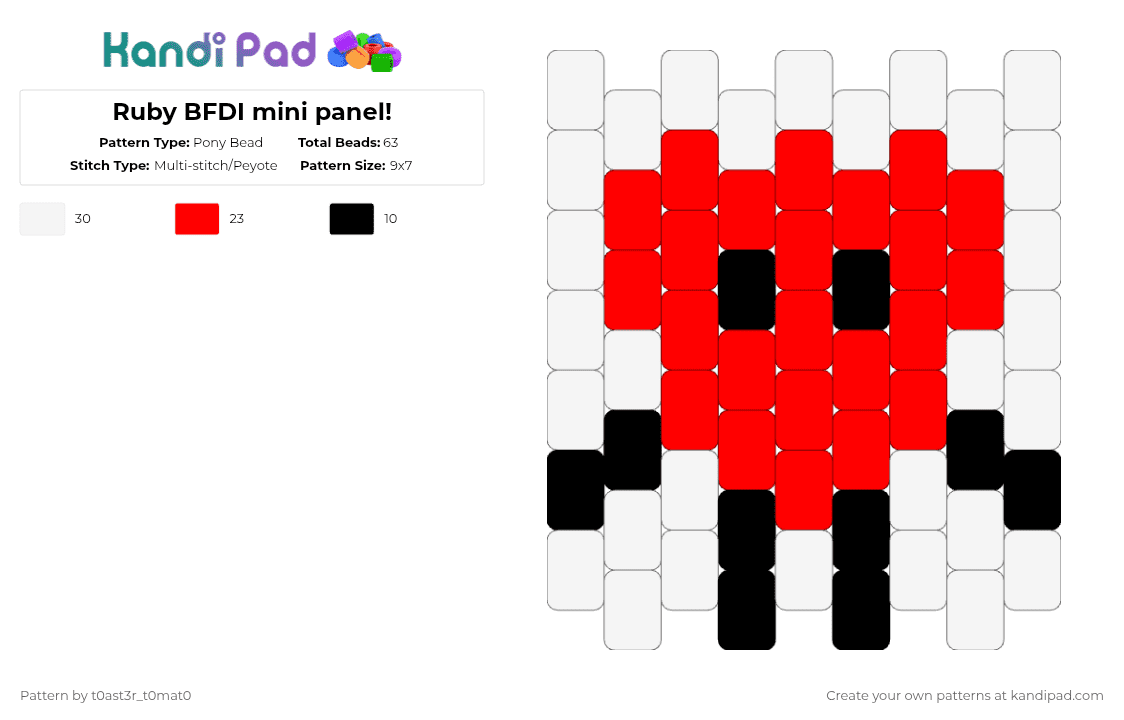 Ruby BFDI mini panel! - Pony Bead Pattern by t0ast3r_t0mat0 on Kandi Pad - white,red,bfdi,bfdia,osc,object show