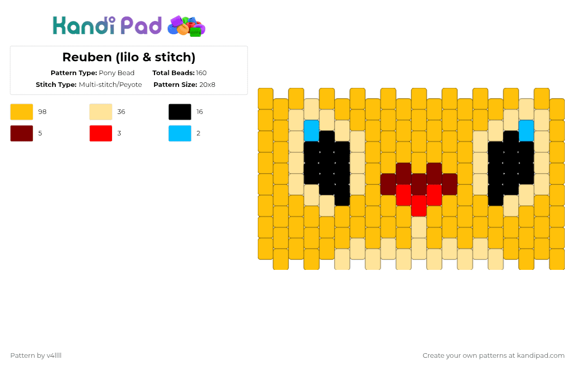 Reuben (lilo & stitch) - Pony Bead Pattern by v4llll on Kandi Pad - lilo and stitch, lilo stitch, peyote stitch, reuben, stitch, yellow