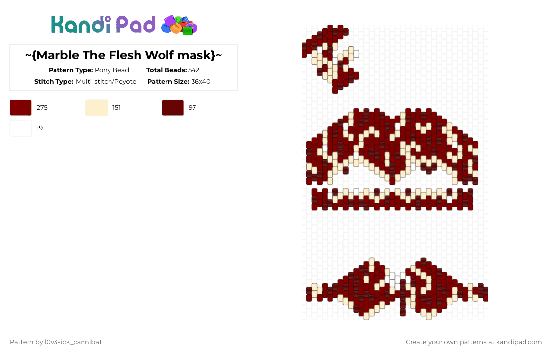 [!SEE DESC!]~{Marble The Flesh Wolf mask}~ - Pony Bead Pattern by l0v3sick_canniba1 on Kandi Pad - brown,beige,mask,therian mask,meat,wolf,gore,flesh,red