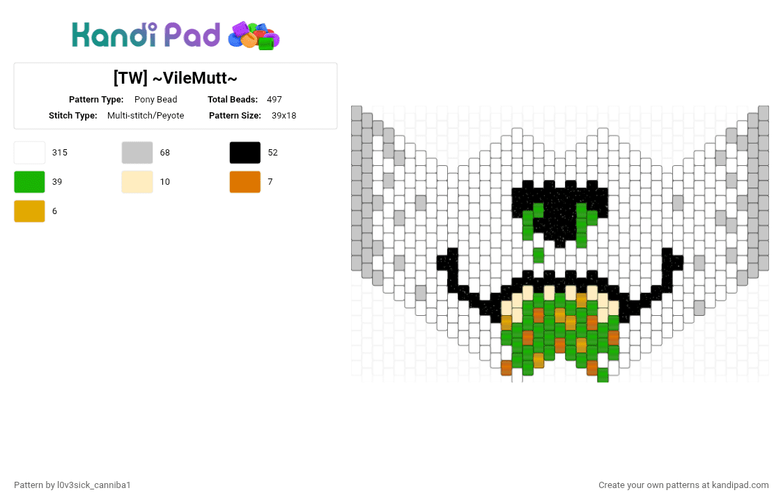 [TW] ~VileMutt~ - Pony Bead Pattern by l0v3sick_canniba1 on Kandi Pad - white,beige,furry,mask,vomit,puke,teeth,green