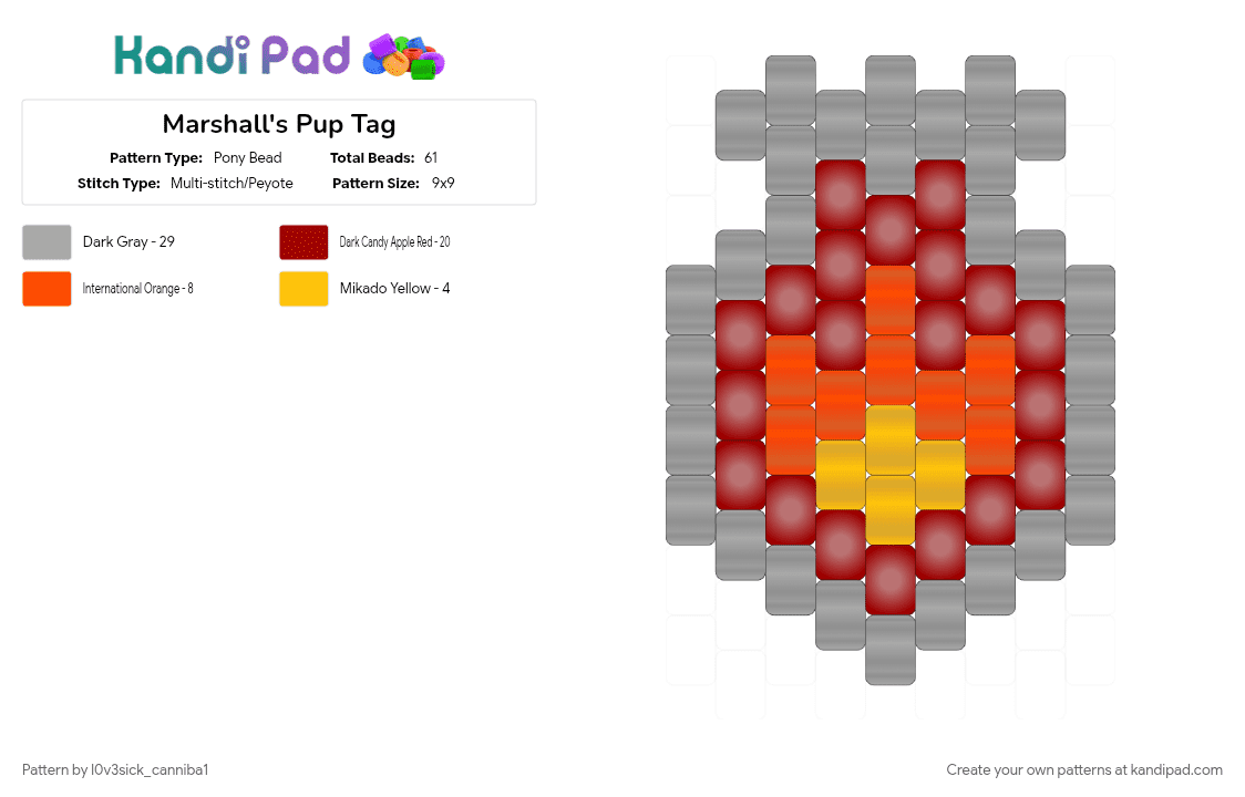 Marshall\'s Pup Tag! - Pony Bead Pattern by l0v3sick_canniba1 on Kandi Pad - beige, fire, glow, glow in the dark, marshall, orange, paw patrol, red, yellow