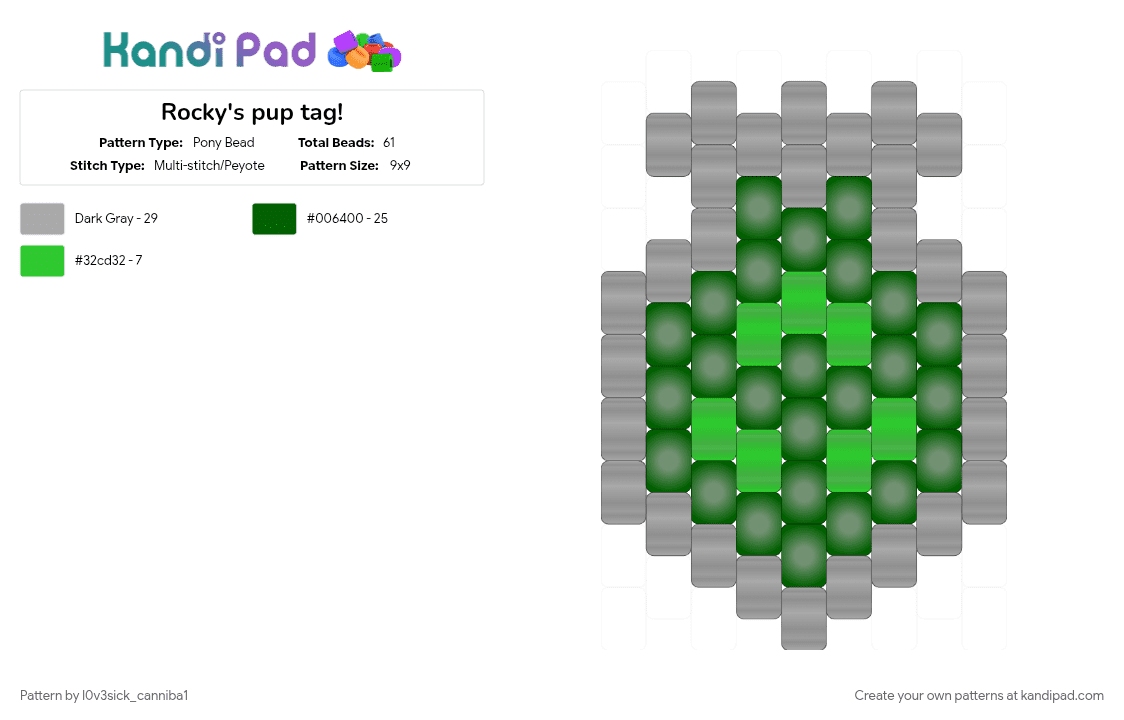 Rocky\'s pup tag! - Pony Bead Pattern by l0v3sick_canniba1 on Kandi Pad - dog tag, glow, gray, green, paw patrol, rocky, simple