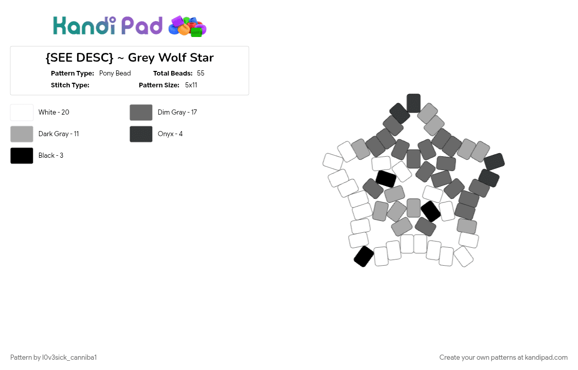 {SEE DESC} ~ Grey Wolf Star - Pony Bead Pattern by l0v3sick_canniba1 on Kandi Pad - beige, canine, gray, gray wolf, grey, grey wolf, star, white, wolf