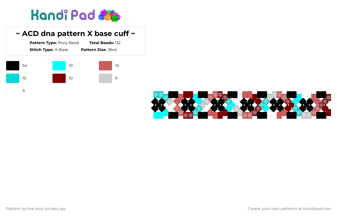 ~ ACD dna pattern X base cuff ~ - Pony Bead Pattern by l0v3sick_canniba1 on Kandi Pad - light blue,red,brown,radqueer,dna,x base,glow,cyan,white,black