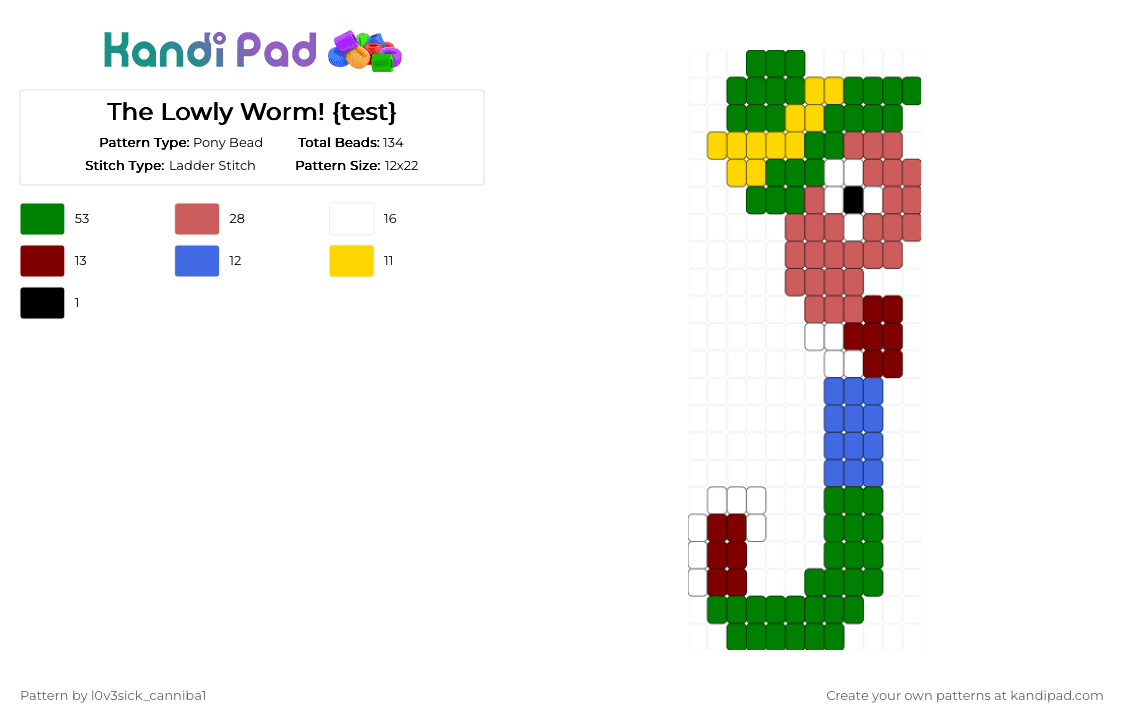 The Lowly Worm! {test} - Pony Bead Pattern by l0v3sick_canniba1 on Kandi Pad - red,green,worm,lowly worm,book,ladder stitch,bug,blue