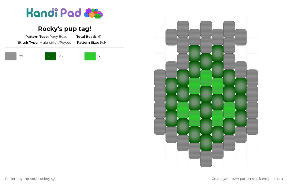 Rocky\'s pup tag! - Pony Bead Pattern by l0v3sick_canniba1 on Kandi Pad - gray,green,rocky,dog tag,paw patrol,glow,simple