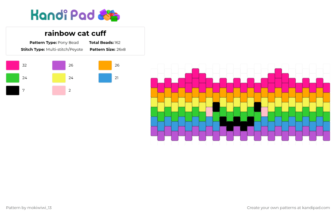 rainbow cat cuff - Pony Bead Pattern by mokiwiwi_13 on Kandi Pad - pink