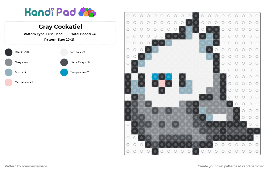 Gray Cockatiel - Fuse Bead Pattern by mandamayham on Kandi Pad - cockatiel,bird,animal,gray