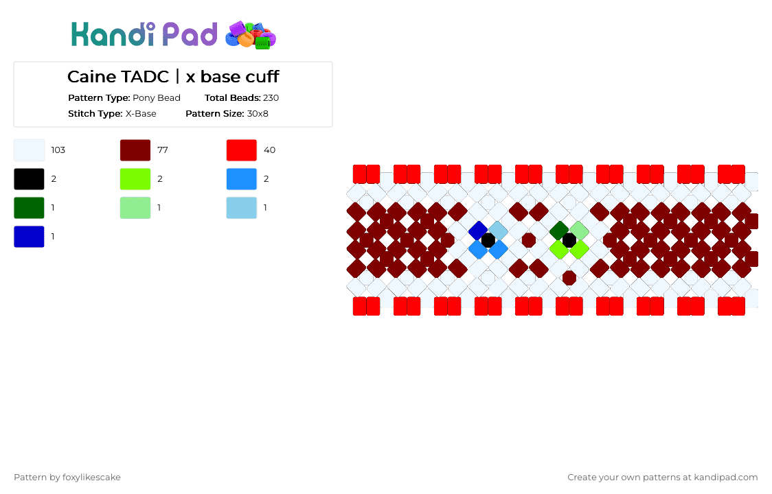 Caine TADC｜x base cuff - Pony Bead Pattern by foxylikescake on Kandi Pad - white,brown,red,tadc,caine,the amazing digital circus,x base,cuff,teeth,eyes
