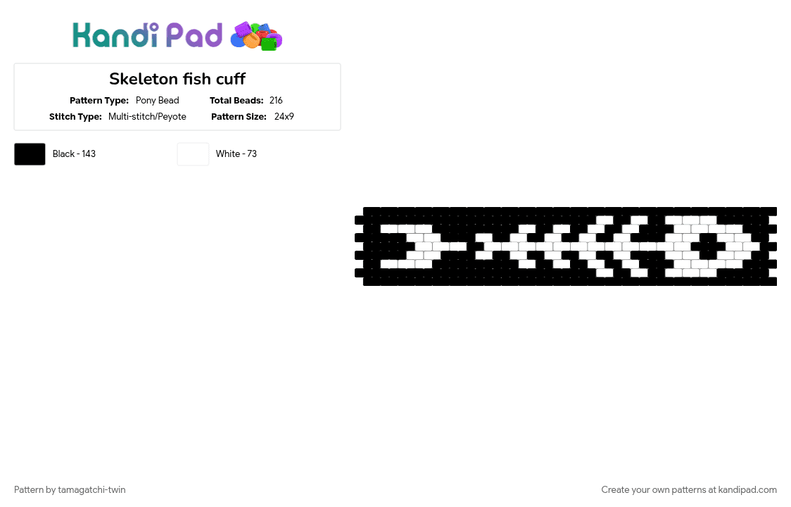 Skeleton fish cuff - Pony Bead Pattern by tamagatchi-twin on Kandi Pad - black, black and white, cuff, fish, peyote, skeleton, skeleton fish, white