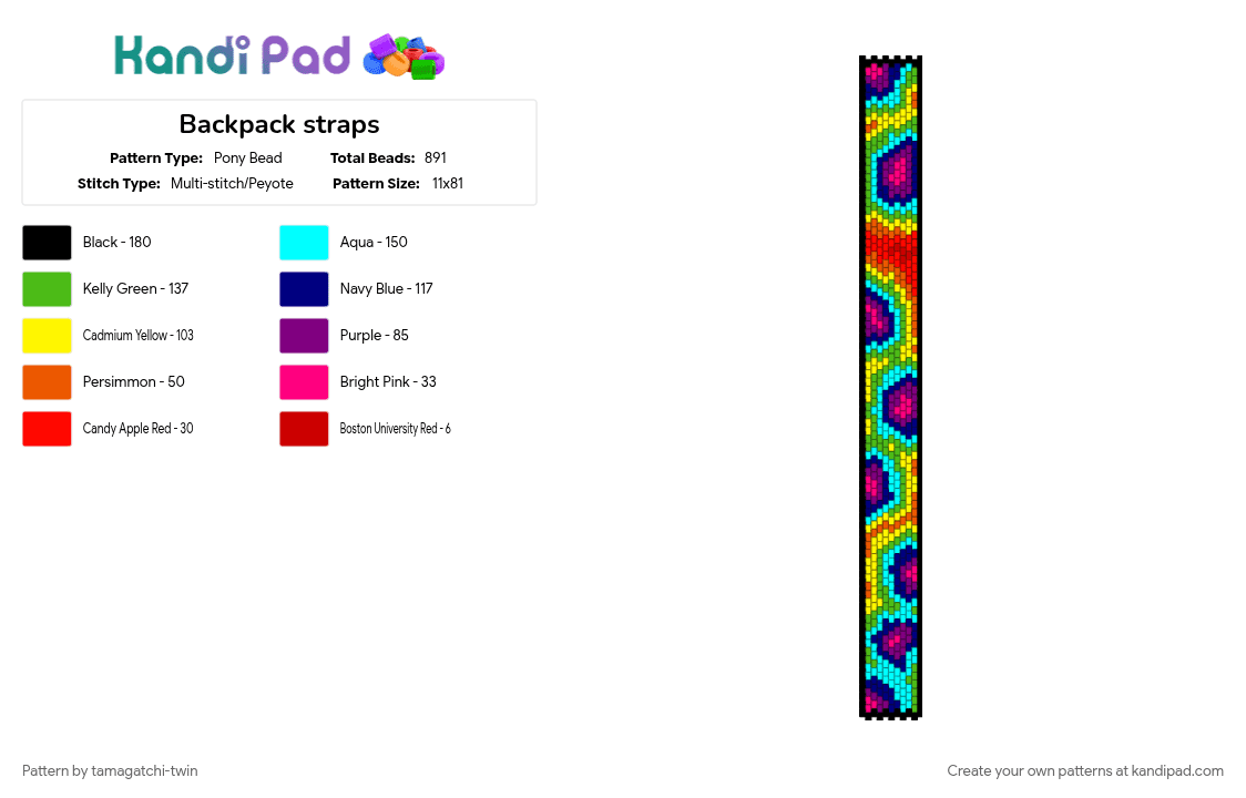 Backpack straps - Pony Bead Pattern by tamagatchi-twin on Kandi Pad - backpack, black, colorful, green, purple, rainbow, yellow