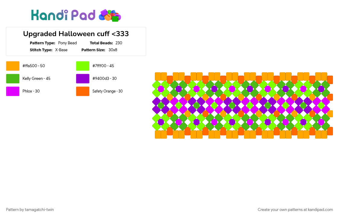Upgraded Halloween cuff - Pony Bead Pattern by tamagatchi-twin on Kandi Pad - green, halloween, orange, rotator