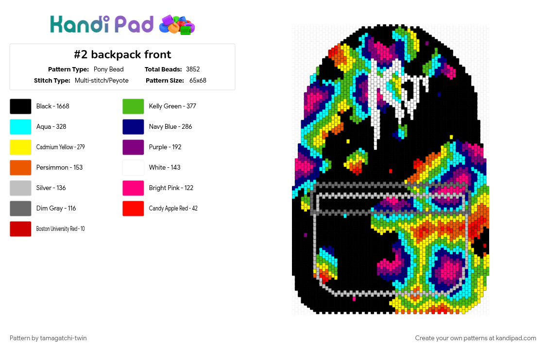 #2 backpack front - Pony Bead Pattern by tamagatchi-twin on Kandi Pad - backpack, black, colorful, green, peyote, pink, rainbow, scene, yellow