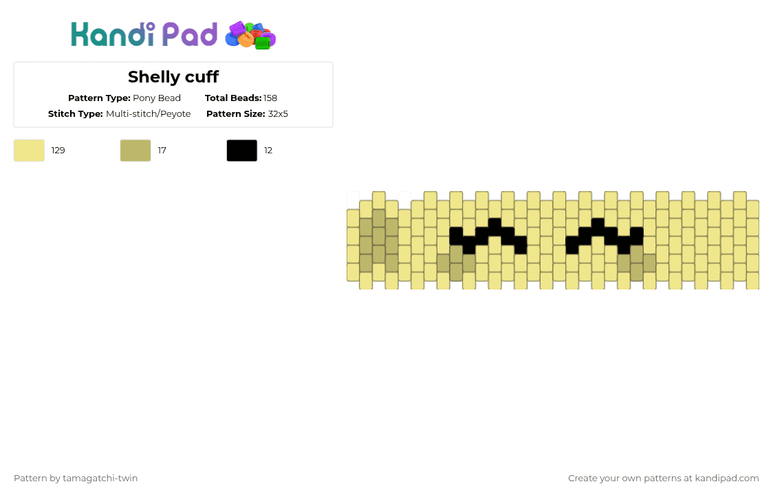 Shelly cuff - Pony Bead Pattern by tamagatchi-twin on Kandi Pad - dandys world, shell, shelly, tan, yellow