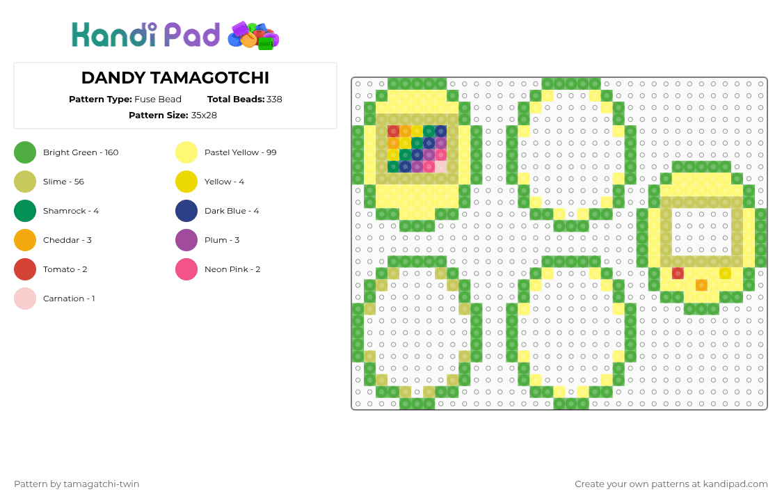 DANDY TAMAGOTCHI - Fuse Bead Pattern by tamagatchi-twin on Kandi Pad - green,yellow,dnay,tamagotchi,dandys world,rainbow