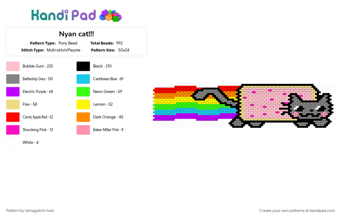 Nyan cat!!! - Pony Bead Pattern by tamagatchi-twin on Kandi Pad - cat, gray, nyan cat, pink, rainbow, yellow