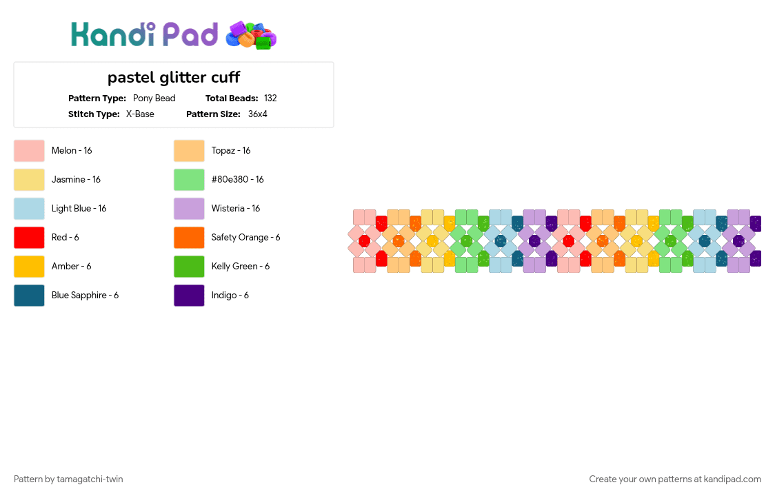 pastel glitter cuff - Pony Bead Pattern by tamagatchi-twin on Kandi Pad - colorful, glitter, orange, pastel, pink, rainbow, teal, yellow