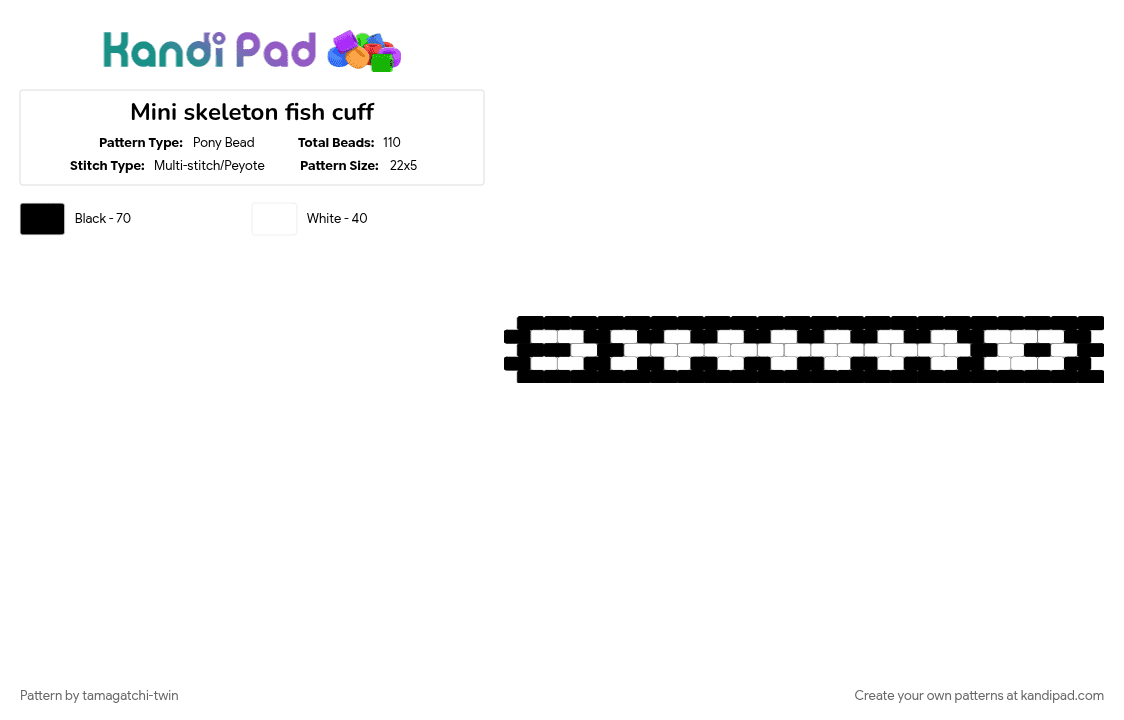 Mini skeleton fish cuff - Pony Bead Pattern by tamagatchi-twin on Kandi Pad - black, black and white, cuff, fish, peyote, skeleton, skeleton fish, white