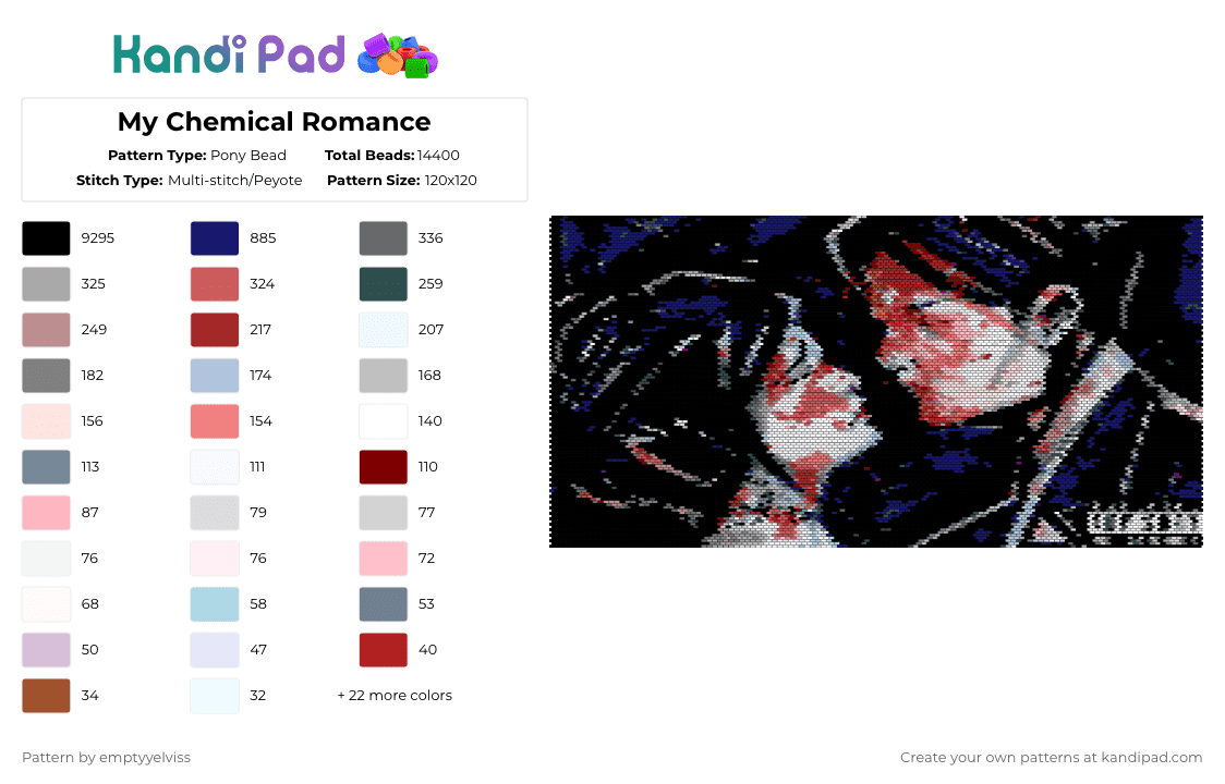 My Chemical Romance - Pony Bead Pattern by emptyyelviss on Kandi Pad - black,purple,gray,red,beige,colorful,my chemical romance,three cheers for sweet revenge,emo