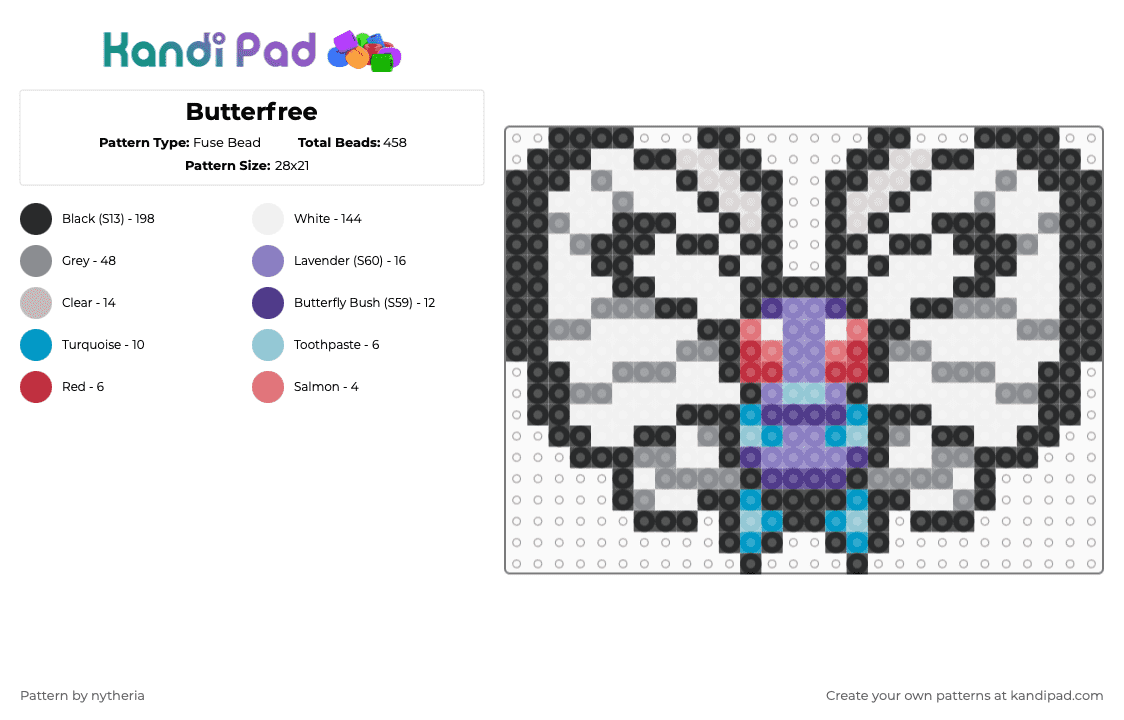 Butterfree - Fuse Bead Pattern by nytheria on Kandi Pad - black,white,gray,pokemon,butterfree