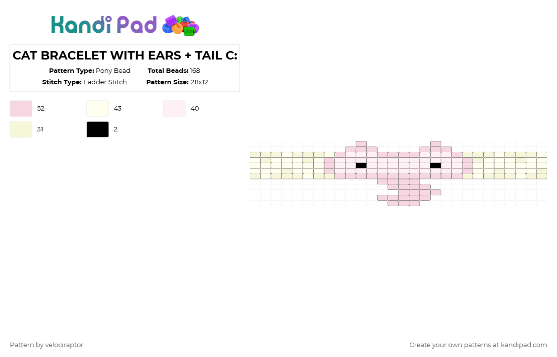CAT BRACELET WITH EARS + TAIL C: - Pony Bead Pattern by velociraptor on Kandi Pad - white,cat,pinkandyellow,pink,yellow,kitty,bracelet