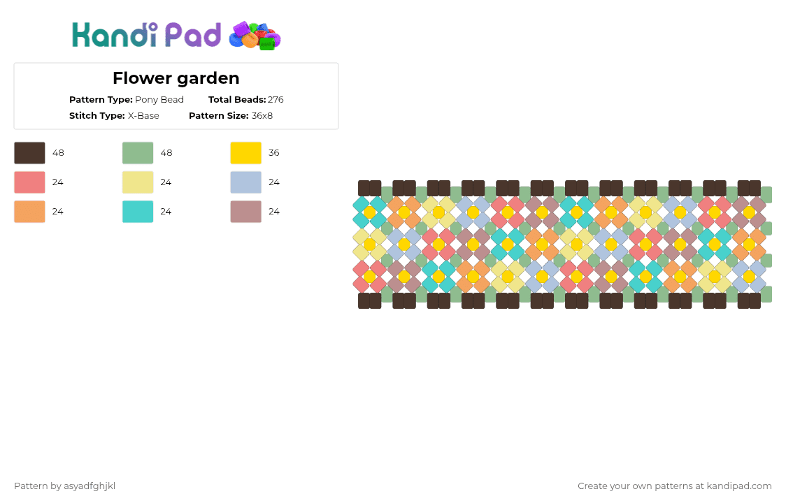 Flower garden - Pony Bead Pattern by color_nerd on Kandi Pad - brown,yellow,teal,light blue,cotdmatte
