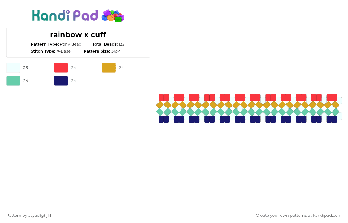 rainbow x cuff - Pony Bead Pattern by color_nerd on Kandi Pad - red,orange,teal,purple