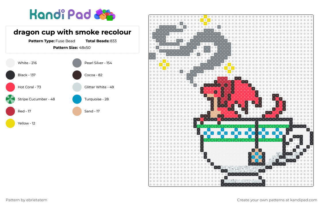 dragon cup with smoke recolour - Fuse Bead Pattern by ebrietatem on Kandi Pad - white,gray,red,brown