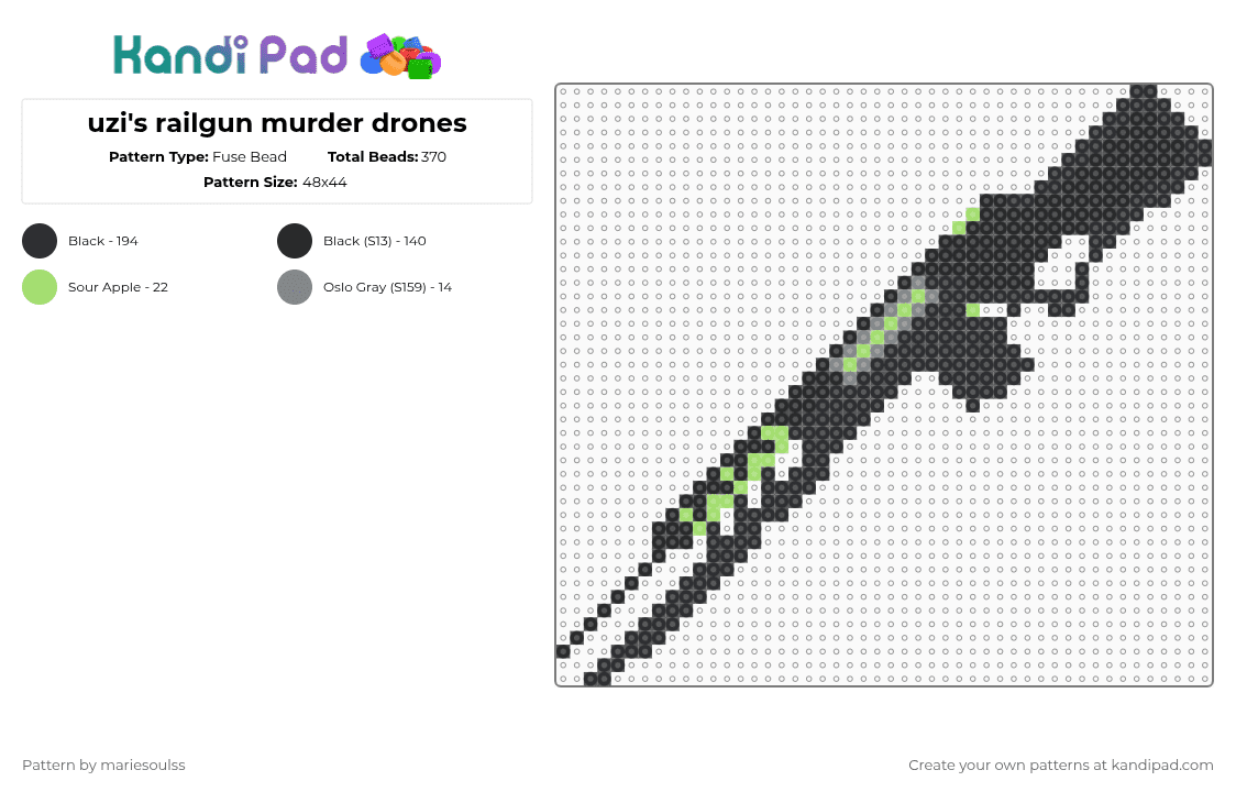 uzi\'s railgun murder drones - Fuse Bead Pattern by mariesoulss on Kandi Pad - black,green,gray,murder drones,uzi,glitch