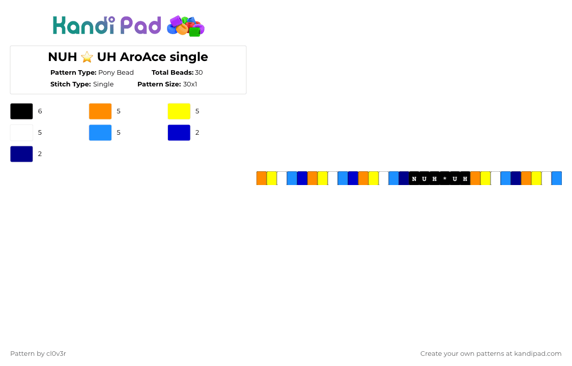NUH ⭐️ UH AroAce single - Pony Bead Pattern by 3clair on Kandi Pad - orange,yellow,light blue,pride,aroace