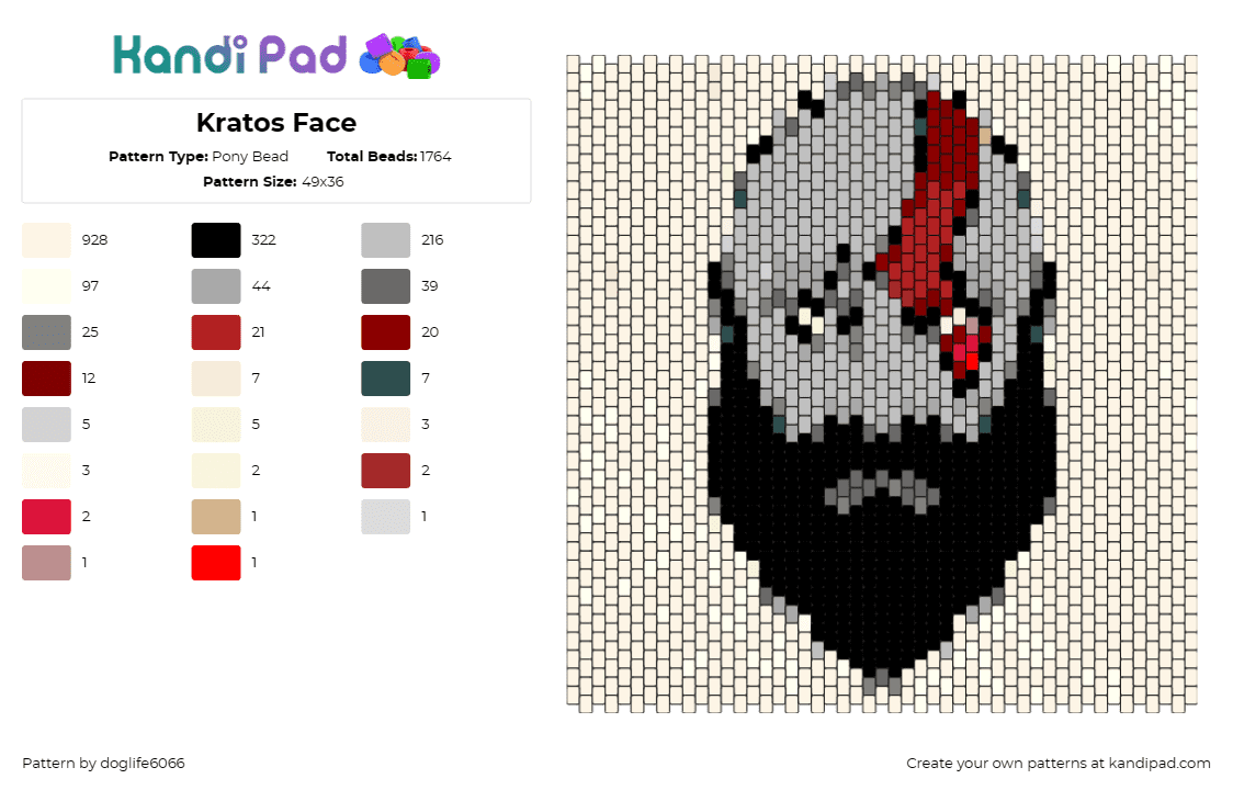 Kratos Face - Pony Bead Pattern by regansroom on Kandi Pad - kratos,god of war,portrait,warrior,video game,character,facial mark,intensity,ex