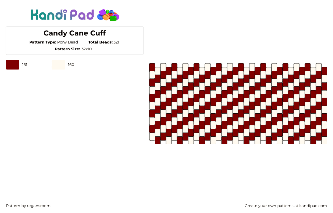 Candy Cane Cuff - Pony Bead Pattern by regansroom on Kandi Pad - candy cane,diagonal,stripes,peppermint,christmas,cuff,red,white