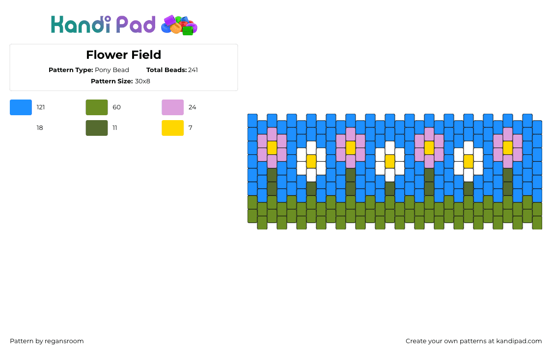 Flower Field - Pony Bead Pattern by regansroom on Kandi Pad - flowers,garner,nature,daisies,spring,cuff,blue,green,pink