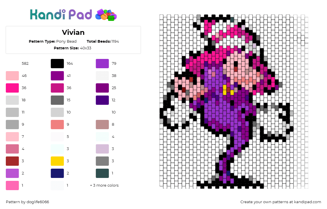 Vivian - Pony Bead Pattern by regansroom on Kandi Pad - vivian,paper mario,nintendo,character,magical,mysterious,purple