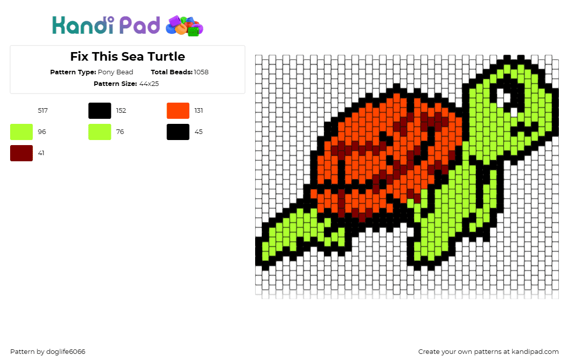 Fix This Sea Turtle - Pony Bead Pattern by regansroom on Kandi Pad - turtle,cute,sea,marine life,animal,playful,vibrant,ocean,green,orange