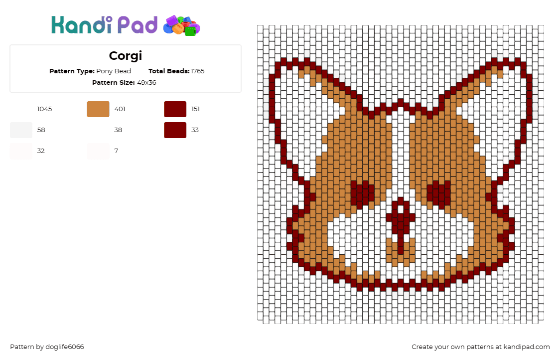 Corgi - Pony Bead Pattern by regansroom on Kandi Pad - corgi,dog,animal,pet,portrait,mammal,cheerful,playful,tan,brown,white