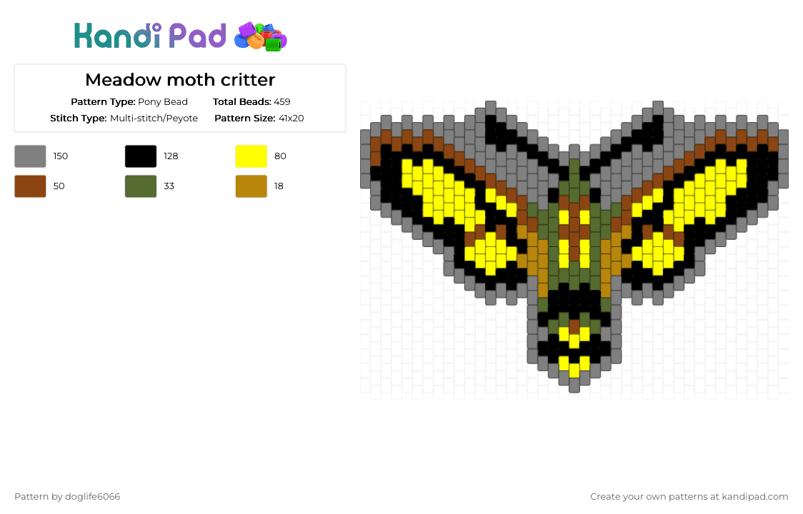 Meadow moth critter - Pony Bead Pattern by doglife6066 on Kandi Pad - yellow,gray