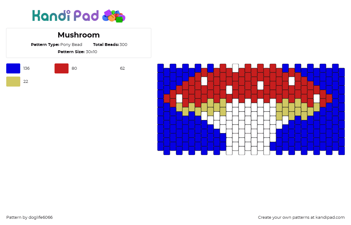 Mushroom - Pony Bead Pattern by regansroom on Kandi Pad - mushroom,fungus,nature,food,cuff,red,white,blue