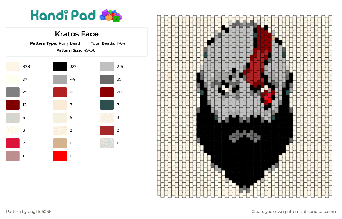 Kratos Face - Pony Bead Pattern by doglife6066 on Kandi Pad - kratos,god of war,portrait,warrior,video game,character,facial mark,intensity,expression,grey
