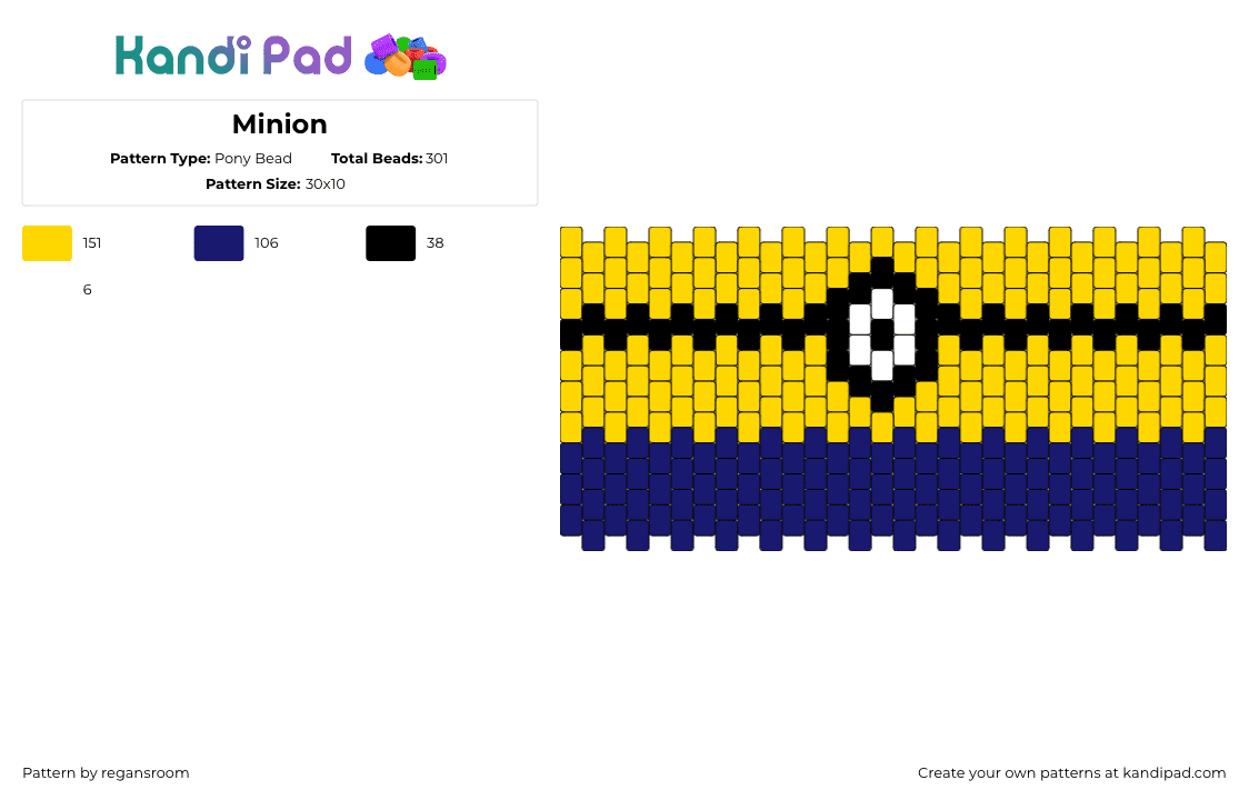 Minion - Pony Bead Pattern by regansroom on Kandi Pad - stuart,minion,cyclops,despicable me,eye,cuff,cartoon,movie,animation,yellow,blue