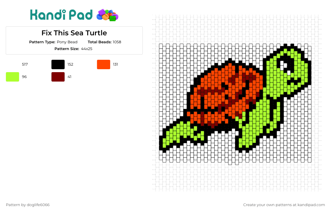 Fix This Sea Turtle - Pony Bead Pattern by doglife6066 on Kandi Pad - turtle,cute,sea,marine life,animal,playful,vibrant,ocean,green,orange