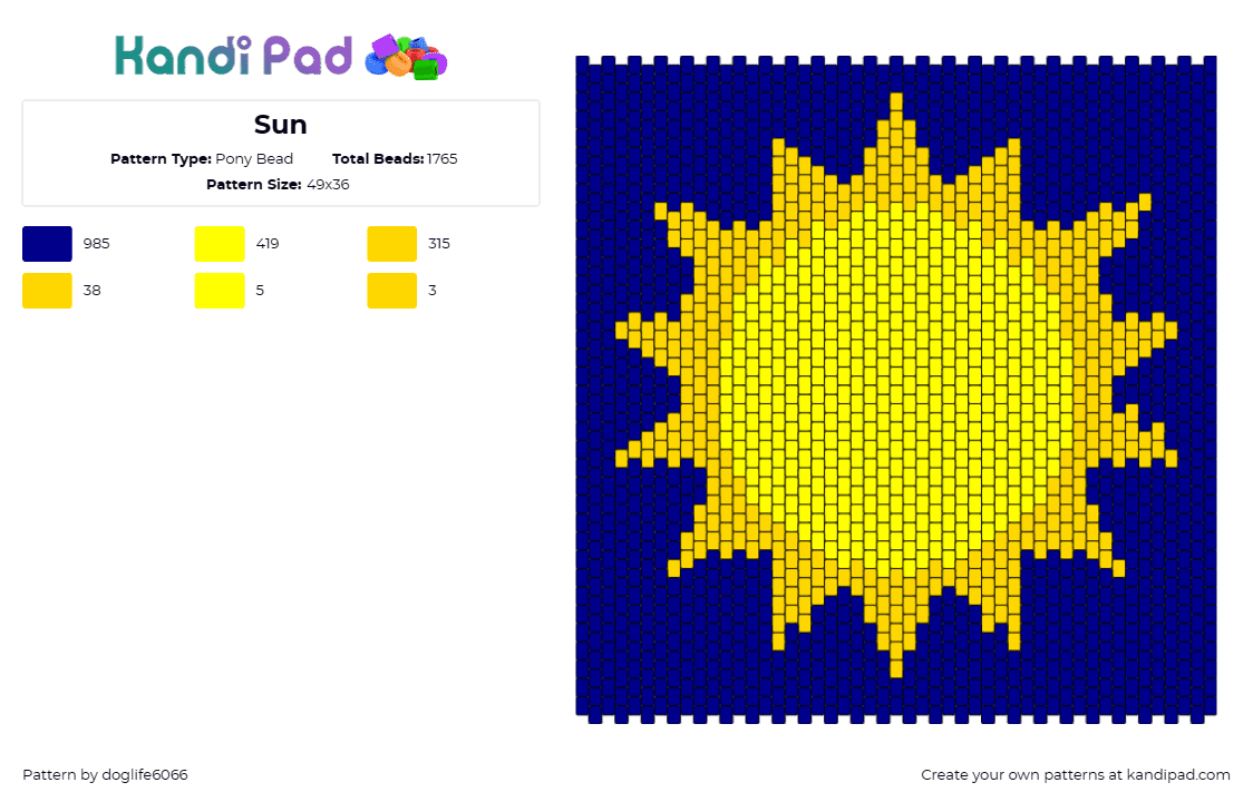 Sun - Pony Bead Pattern by regansroom on Kandi Pad - sun,shine,day,sky,bright,panel,warmth,positivity,yellow,blue