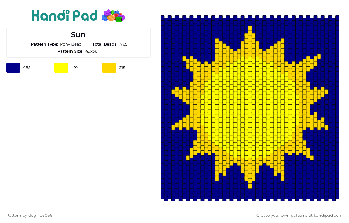 Sun - Pony Bead Pattern by doglife6066 on Kandi Pad - sun,shine,day,sky,bright,panel,warmth,positivity,yellow,blue