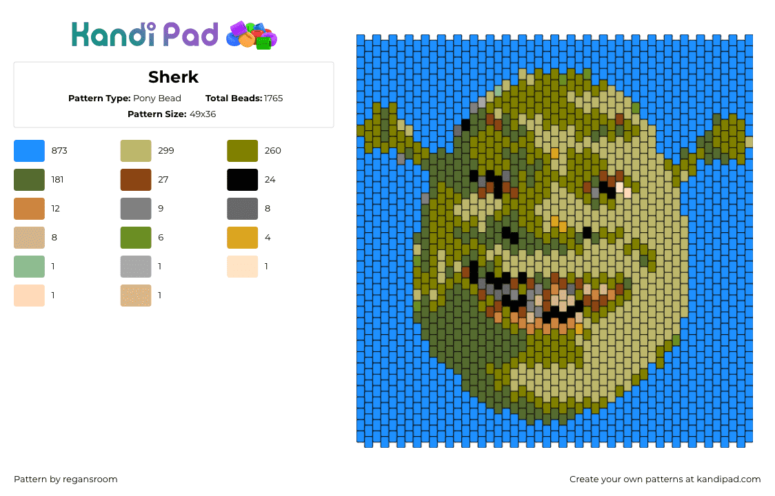 Sherk - Pony Bead Pattern by regansroom on Kandi Pad - shrek,ogre,head,panel,movie,smile,green,blue