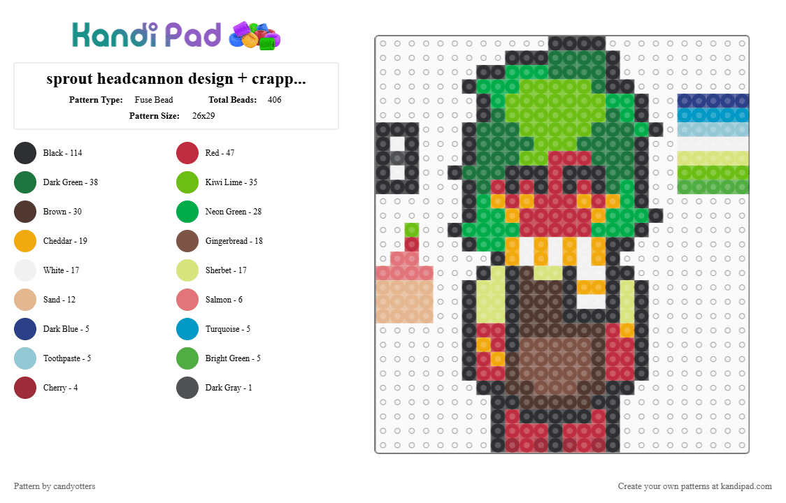 sprout headcannon design + crappy gay flag done from memory READ DESC - Fuse Bead Pattern by candyotters on Kandi Pad - green,red,brown,sprout seedly,sprout,dandys world,roblox,fandom
