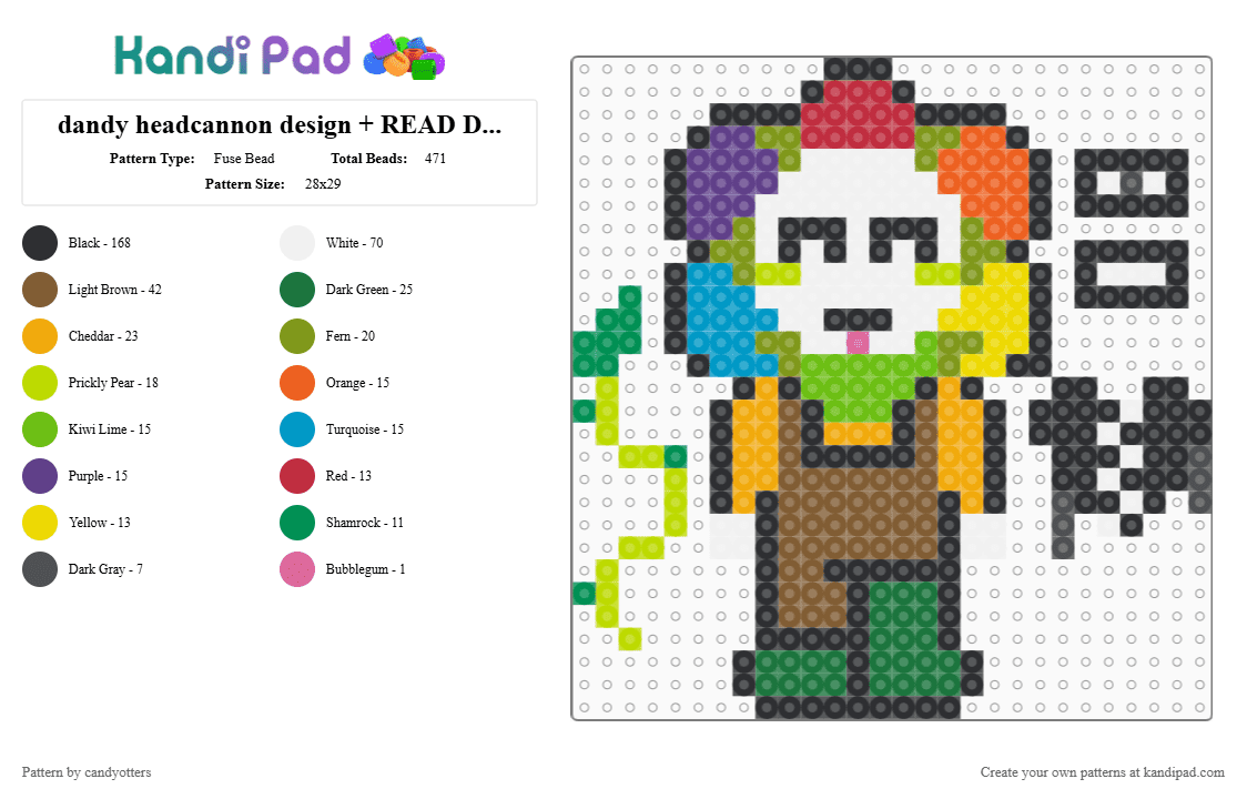 dandy headcannon design + READ DESC!!! - Fuse Bead Pattern by candyotters on Kandi Pad - green,gold,orange,tan,dandy,dandys world,fandom,roblox